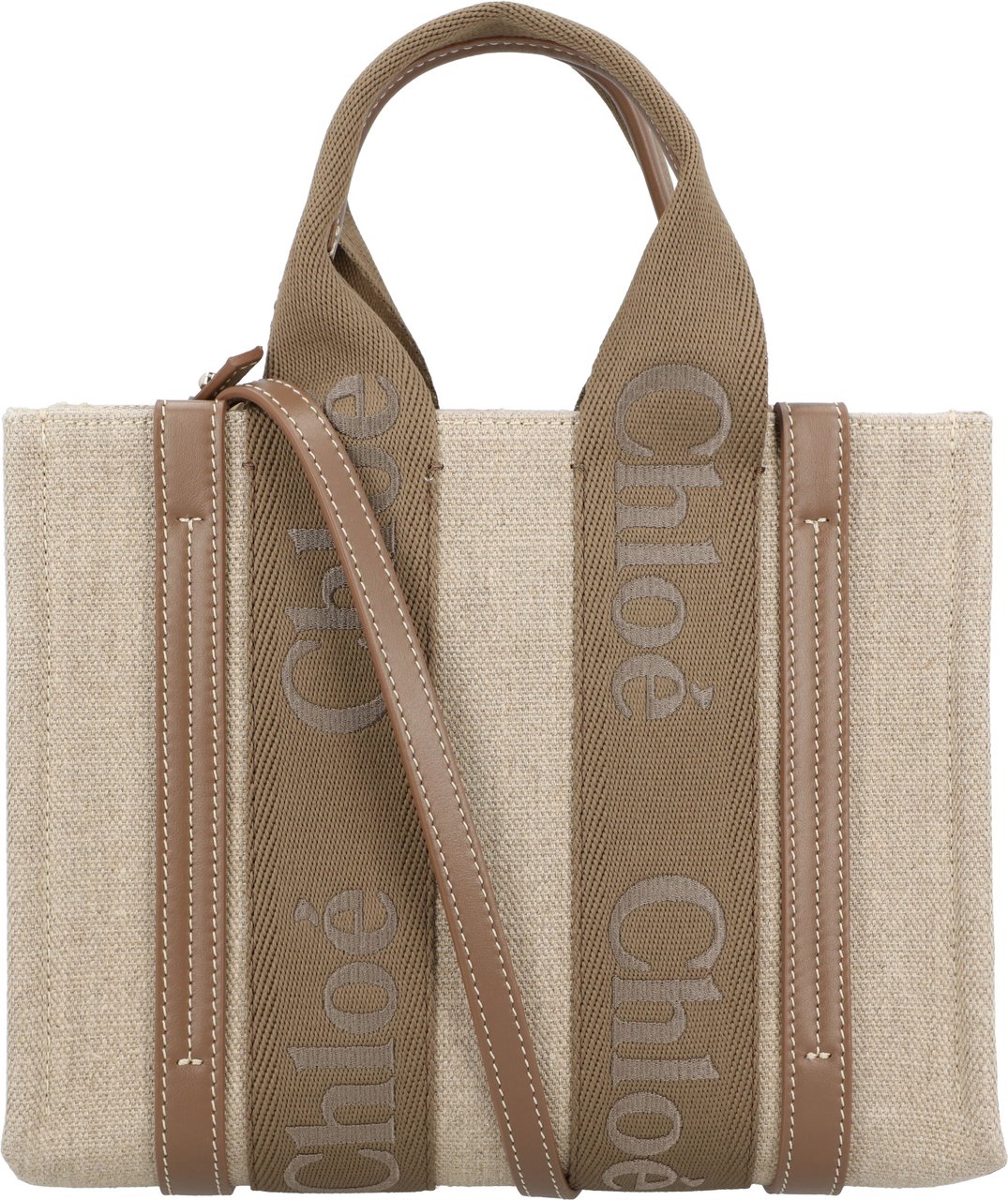 Chloé Small Woody Tote Bag In Linen Neutraal