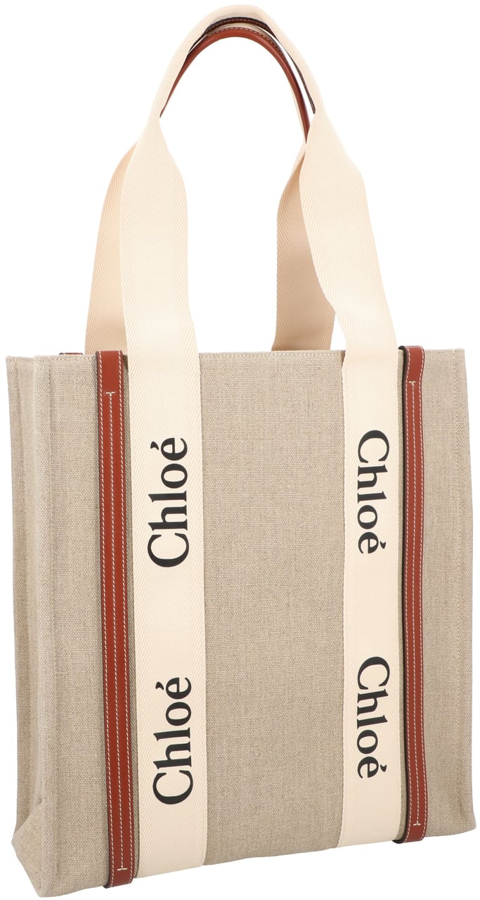 Chloé Woody Tote Bag In Linen & Leather Neutraal