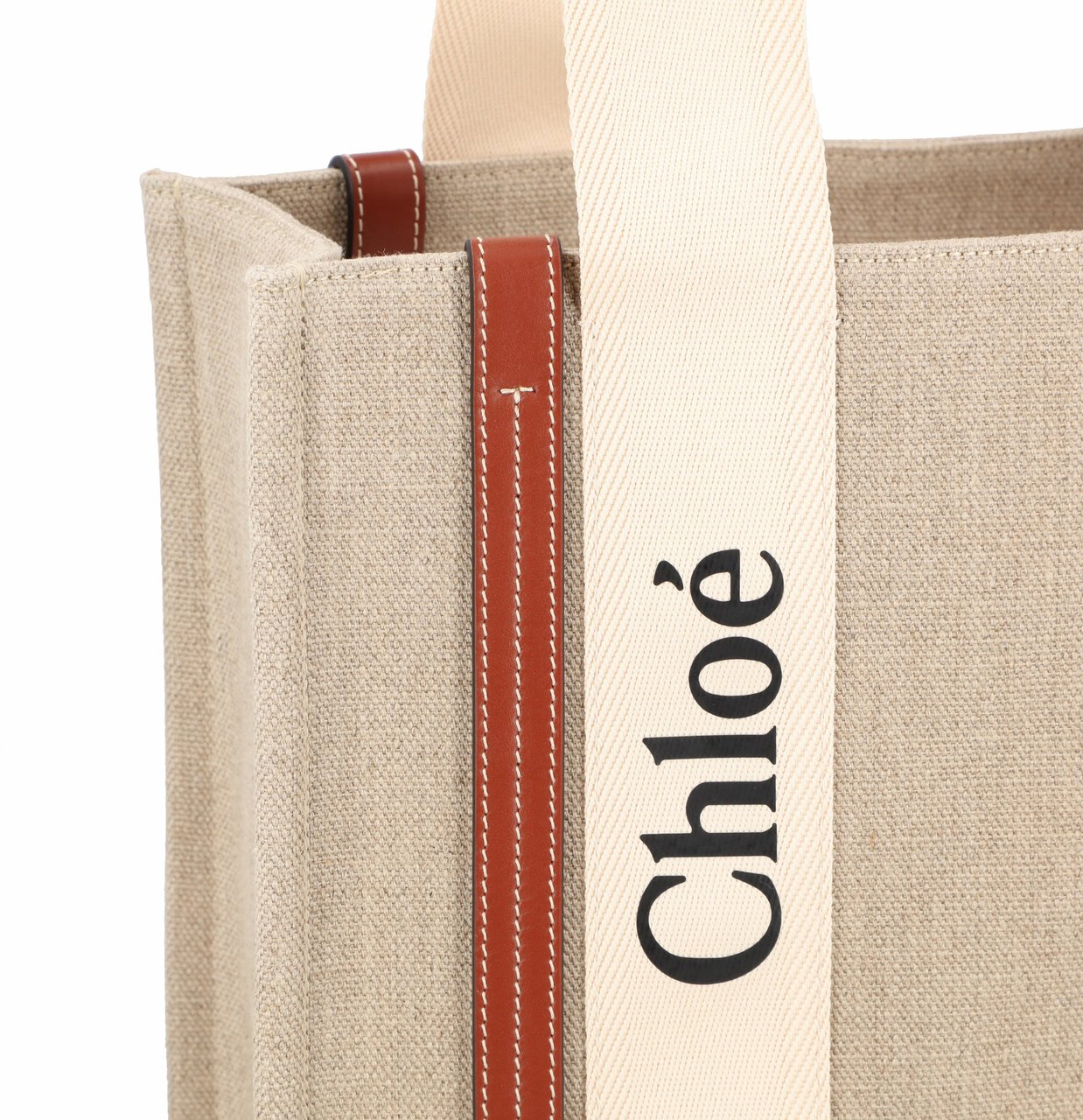 Chloé Woody Tote Bag In Linen & Leather Neutraal