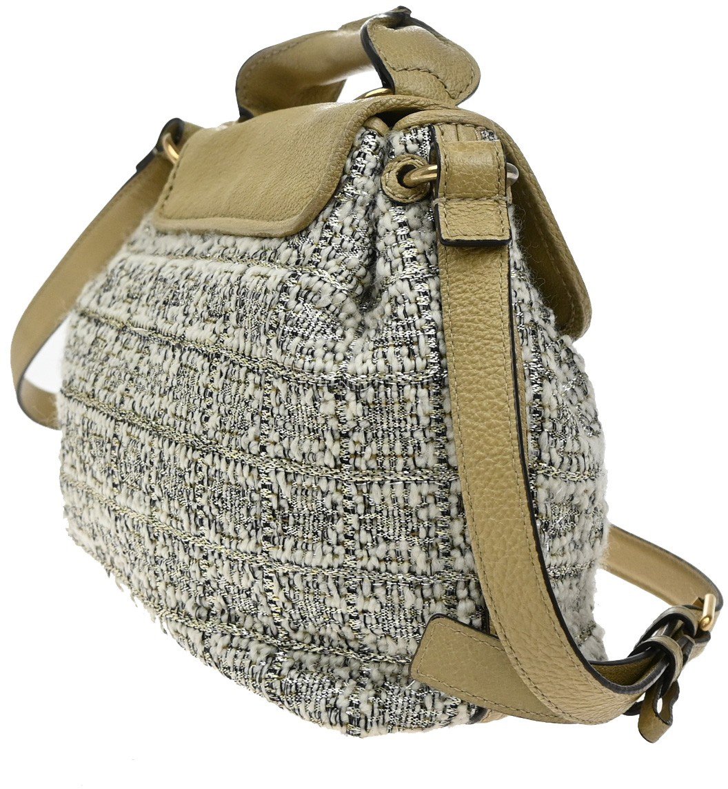 Chloé Chloe Elsie Shoulder Bag Tweed Leather Beige