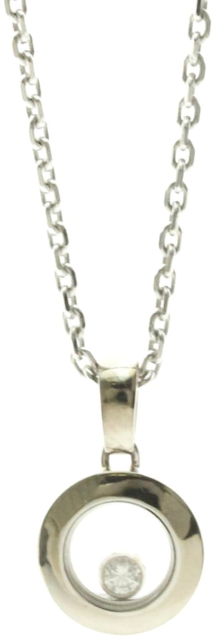 Chopard Happy Diamonds Round Pendant Necklace 18K White Gold with 1 Floating Diamond Zilver