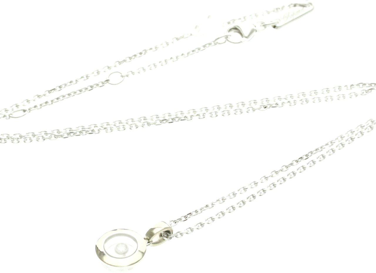 Chopard Happy Diamonds Round Pendant Necklace 18K White Gold with 1 Floating Diamond Zilver