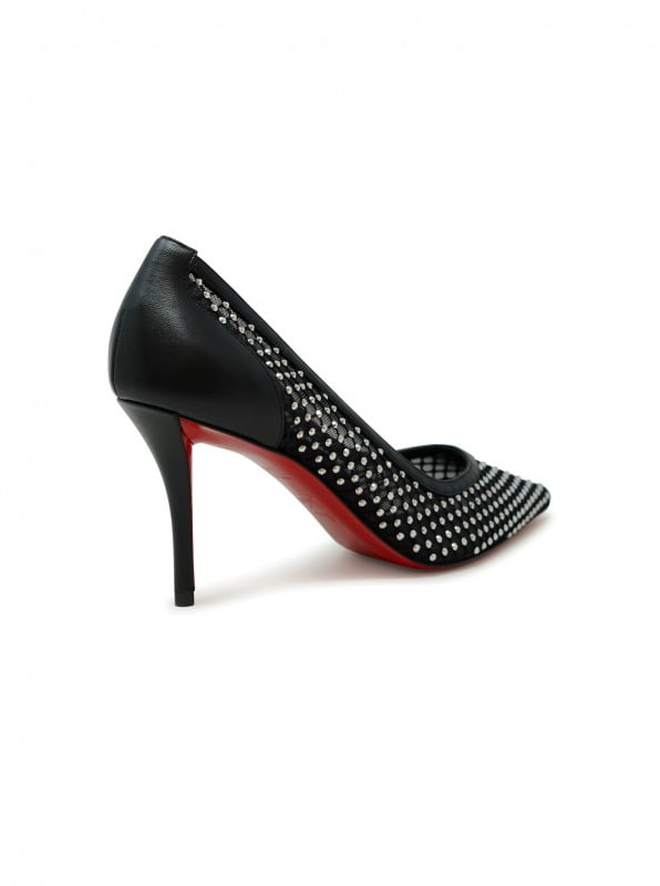 Christian Louboutin CHRISTIAN LOUBOUTIN 3240170 B775 BLACK STRASS MESH LEATHER APOSTROPHA 80 PUMPS Zwart