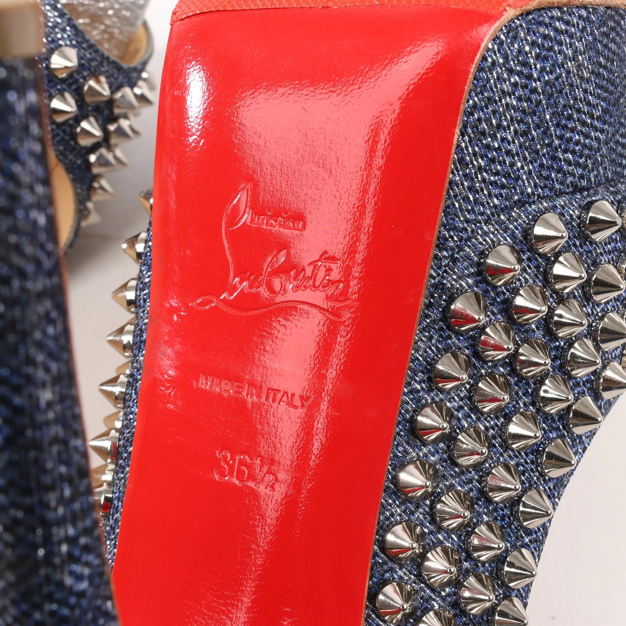 Christian Louboutin Christian Louboutin Lady Peep 150 Denim Spike Studs Open-toe Heels in Blue, Size 36.5 EU Divers