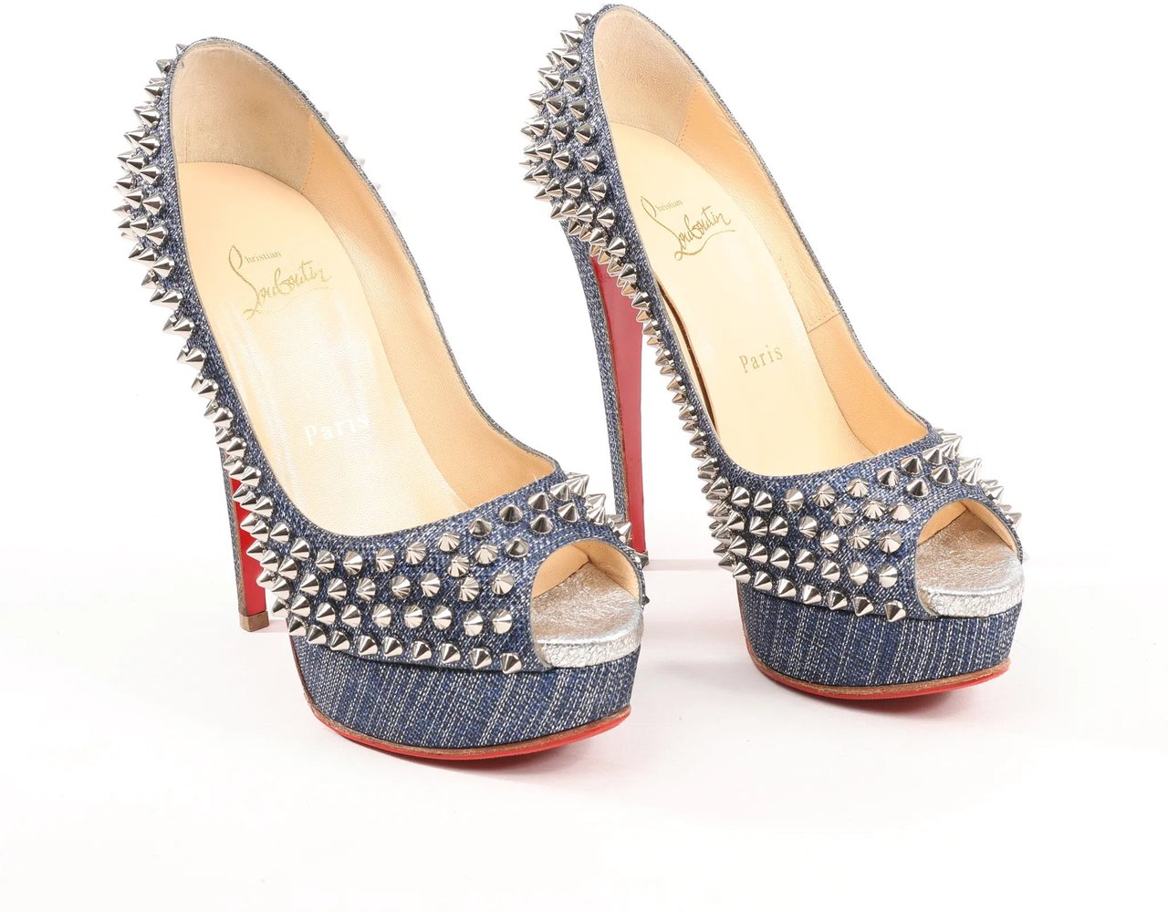 Christian Louboutin Christian Louboutin Lady Peep 150 Denim Spike Studs Open-toe Heels in Blue, Size 36.5 EU Divers