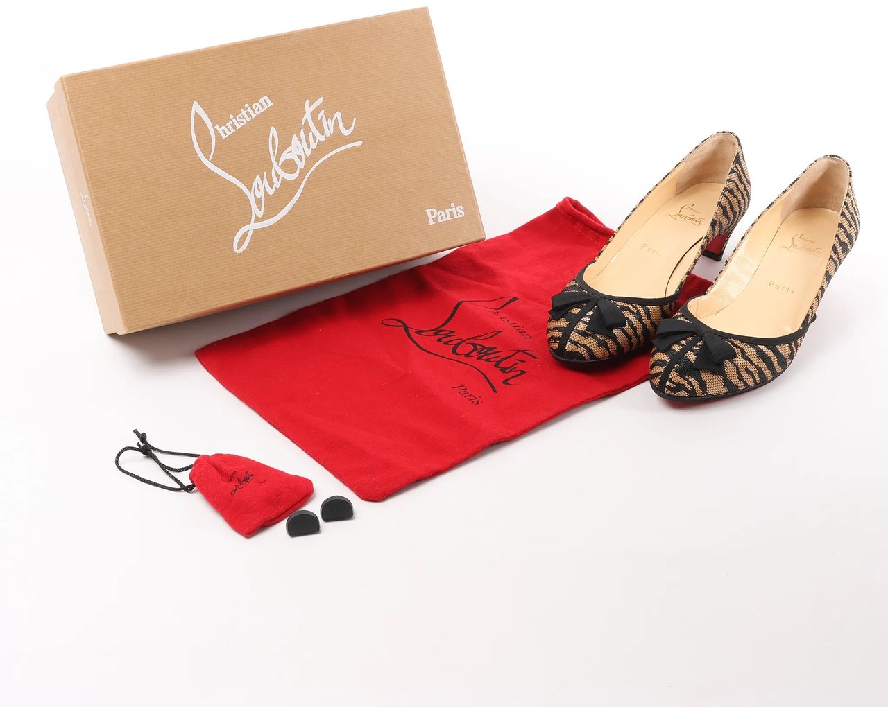 Christian Louboutin Tiger Print Raffia Bow Heels in Brown x Black, Size 39 EU Divers