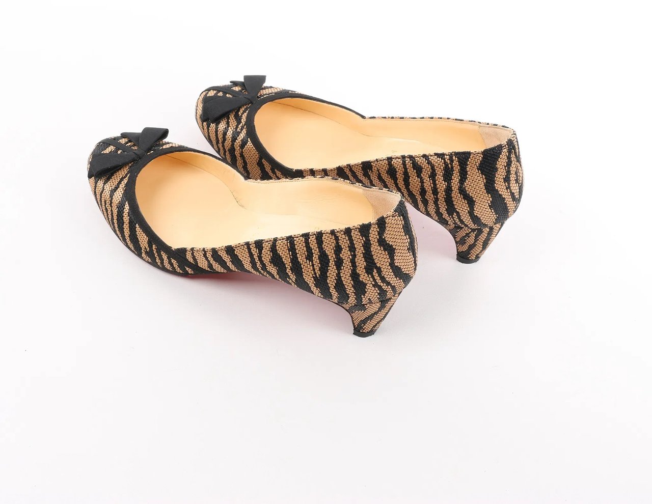 Christian Louboutin Tiger Print Raffia Bow Heels in Brown x Black, Size 39 EU Divers