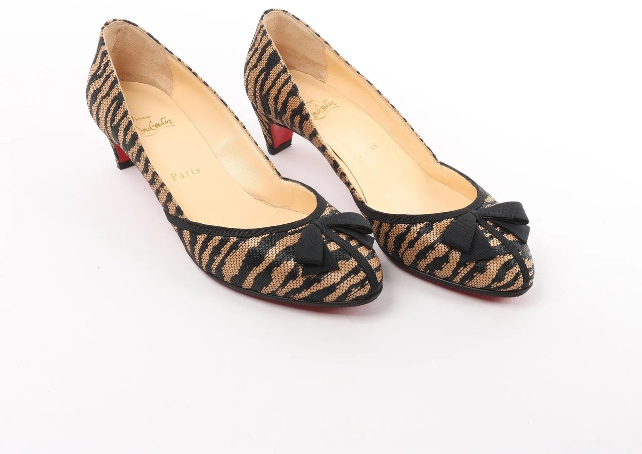 Christian Louboutin Tiger Print Raffia Bow Heels in Brown x Black, Size 39 EU Divers