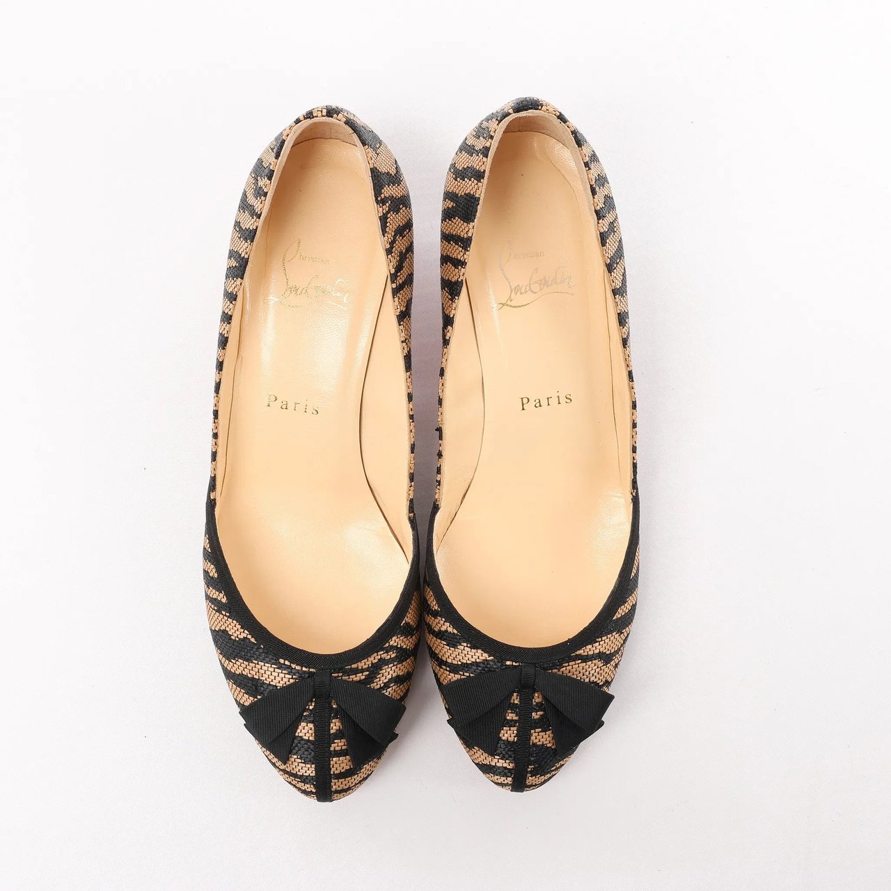 Christian Louboutin Tiger Print Raffia Bow Heels in Brown x Black, Size 39 EU Divers
