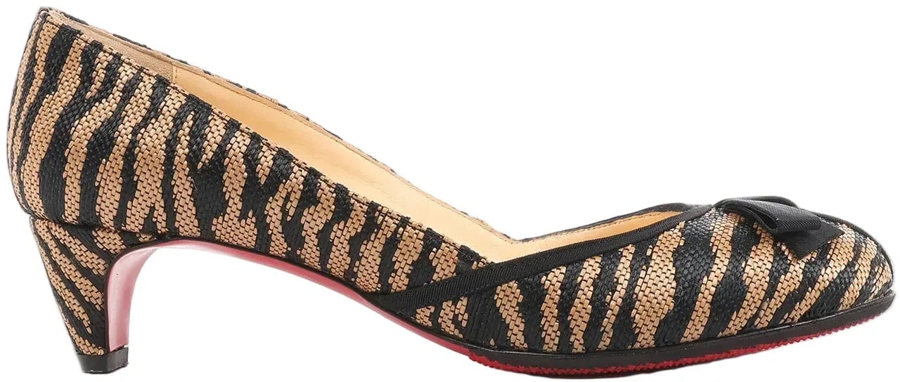 Christian Louboutin Tiger Print Raffia Bow Heels in Brown x Black, Size 39 EU Divers
