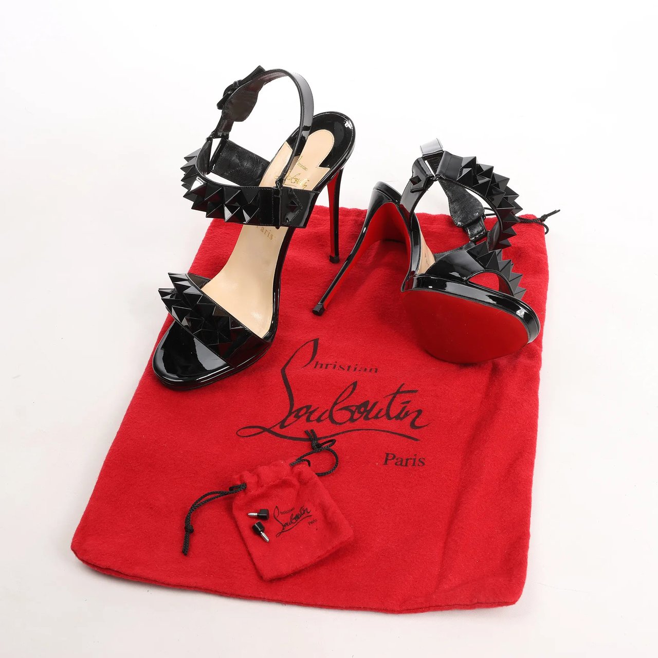 Christian Louboutin Miziggoo Spiked Patent Leather 120 Heels in Black, Size 40.5 EU Zwart