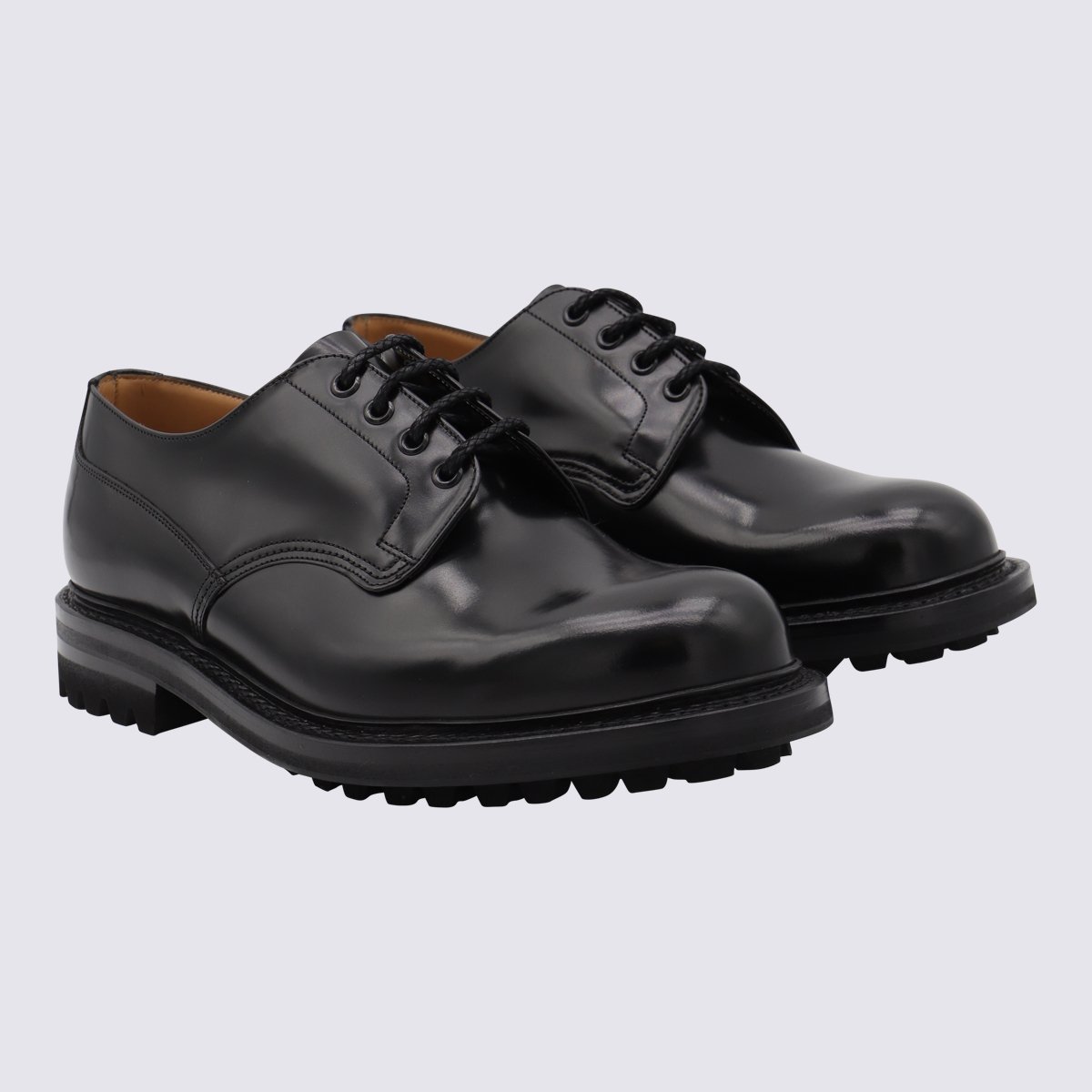 Church's Polished Black Leather Lace-Up Flat Shoes Zwart