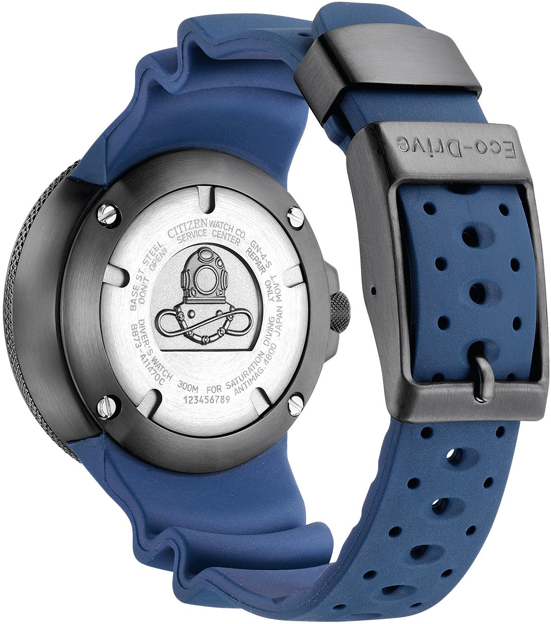 Citizen Citizen Horloge BJ8055-04E Promaster Staal met Zwarte Coating Eco-Drive Diver 300m en Blauwe Horlogeband 48mm Blauw