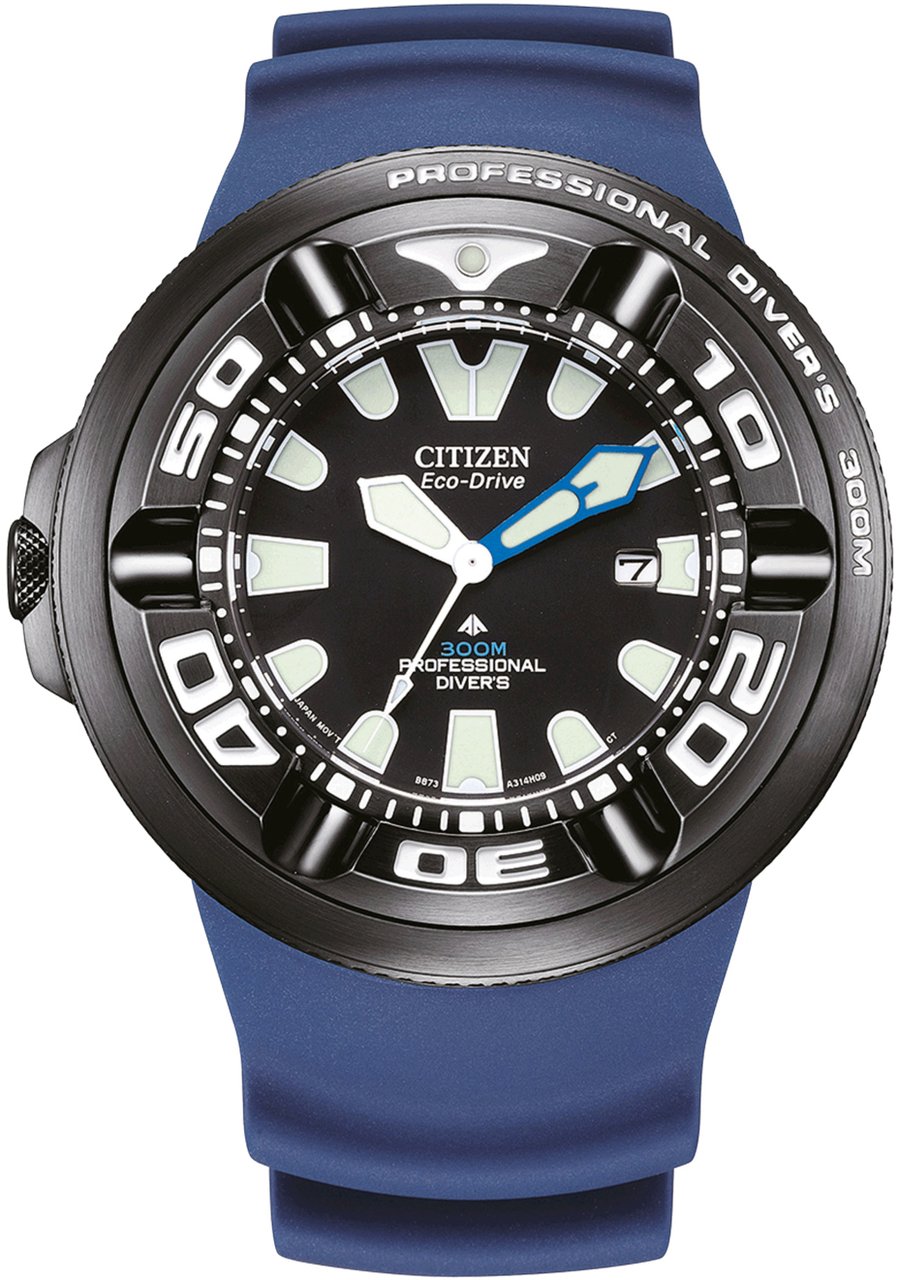 Citizen Citizen Horloge BJ8055-04E Promaster Staal met Zwarte Coating Eco-Drive Diver 300m en Blauwe Horlogeband 48mm Blauw