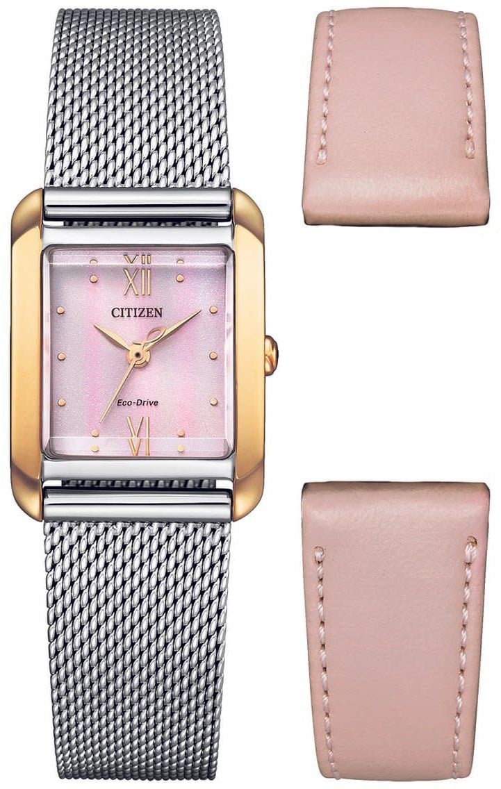 Citizen Citizen Horloge EW5596-66X Staal Bi-color Eco-drive met Roze Wijzerplaat en Extra Leren Horlogeband Divers