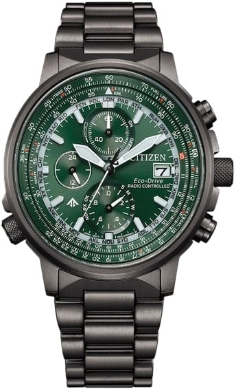 Citizen Citizen Horloge AT8304-57W Promaster Sky Staal met Zwarte Coating Eco-Drive Radio Controlled 200m waterdicht Saffierglas 41mm Donkergroen