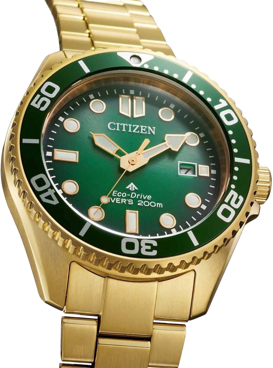 Citizen Citizen Horloge BN0262-59W Promaster Staal met Geelgouden Plating Eco-drive 200m Waterdicht met Groene Wijzerplaat 40mm Goud