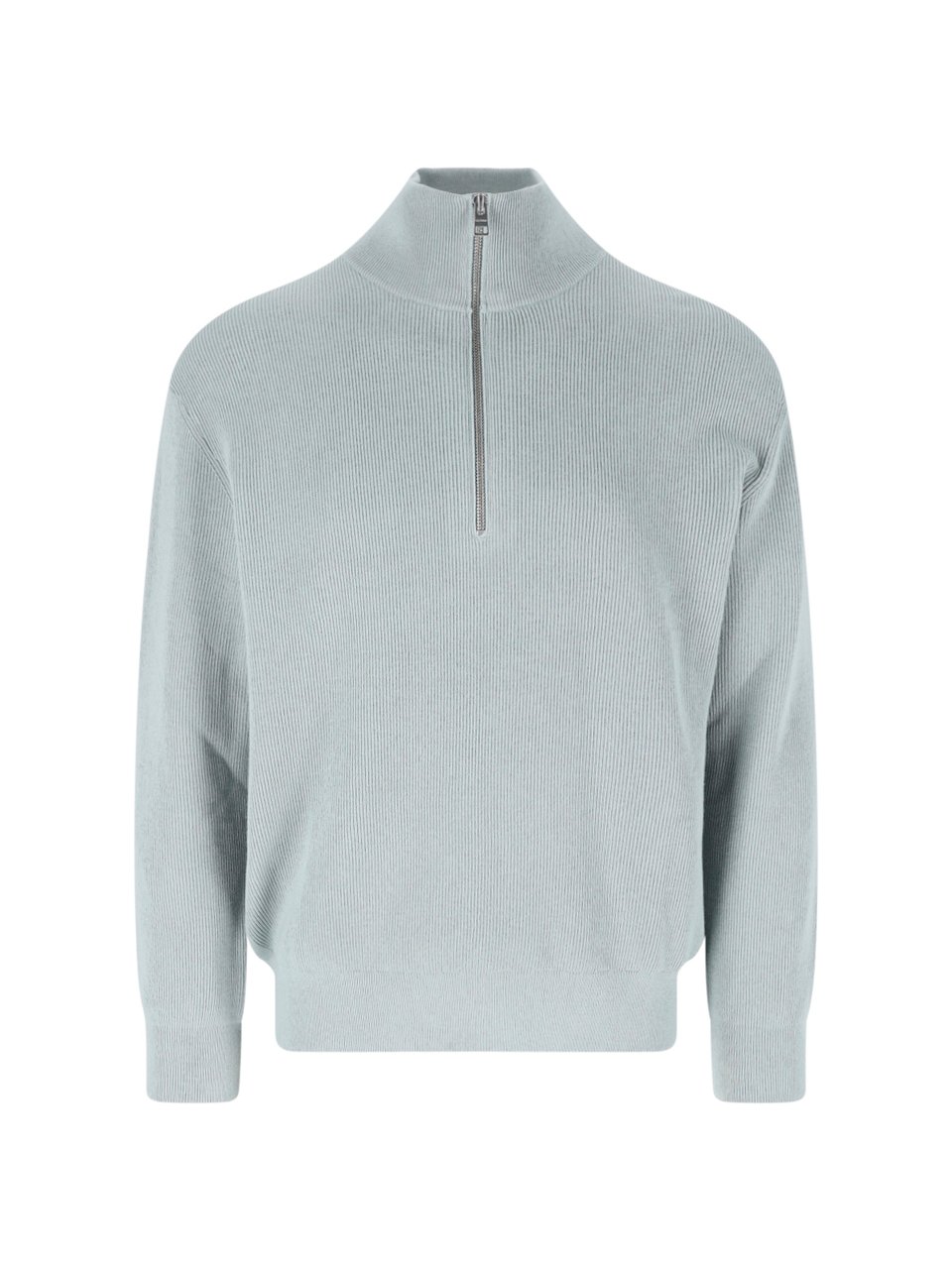 Closed Half-Zip Knit Sweater with High Collar and Ribbed Texture Blauw