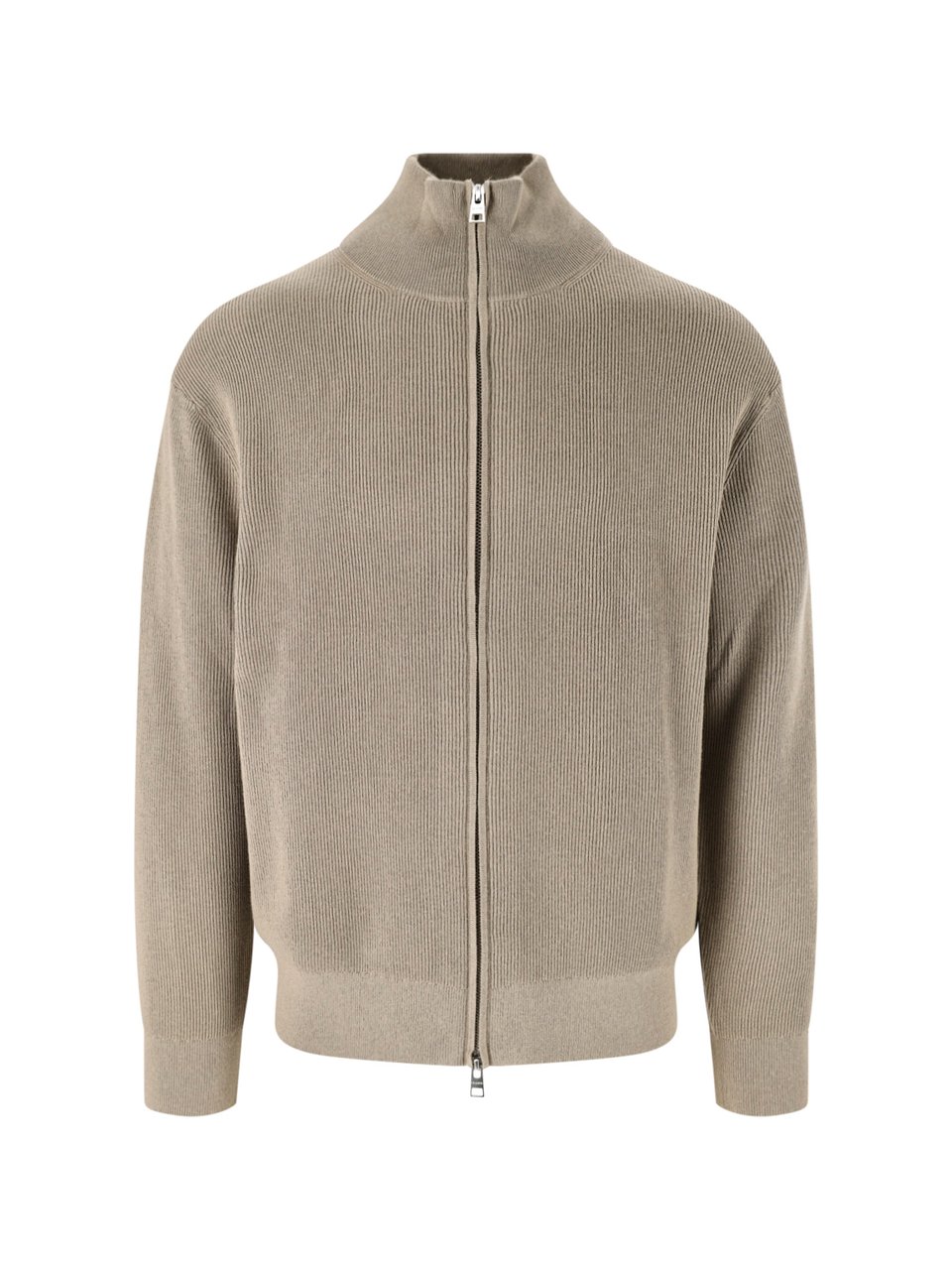 Closed Ribbed Knit Sweater With High Collar And Full Zipper Closure Neutraal