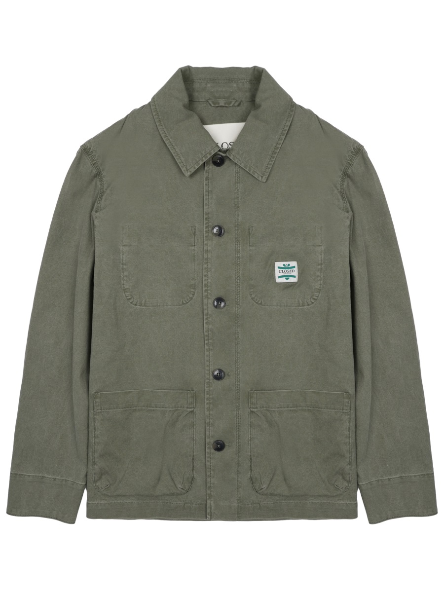 Closed Button-Up Green Cotton Sports Jacket with Structured Collar Grijs