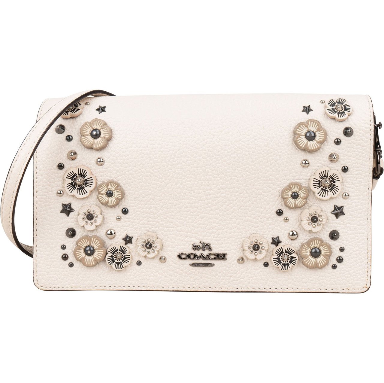 Coach Coach Pebbled Leather Tea Rose Applique Foldover Crossbody Bag Wit