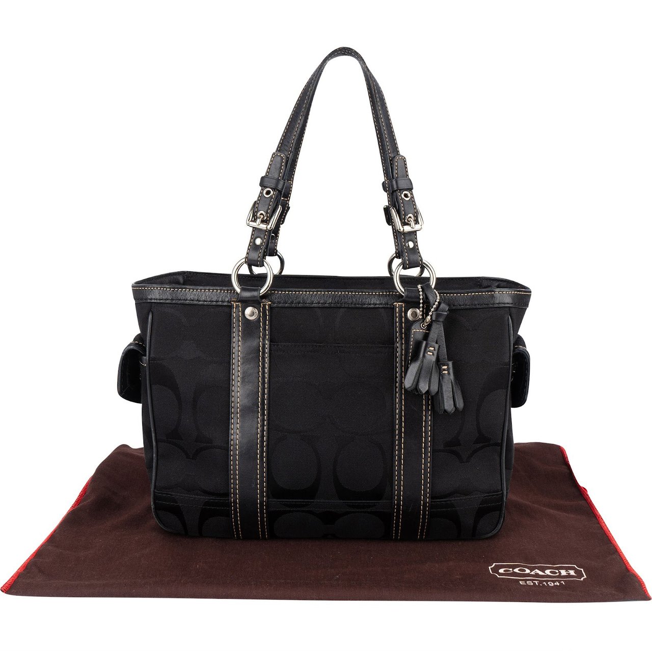 Coach Black Monogram Signature Gallery Tote Shoulder Bag Zwart