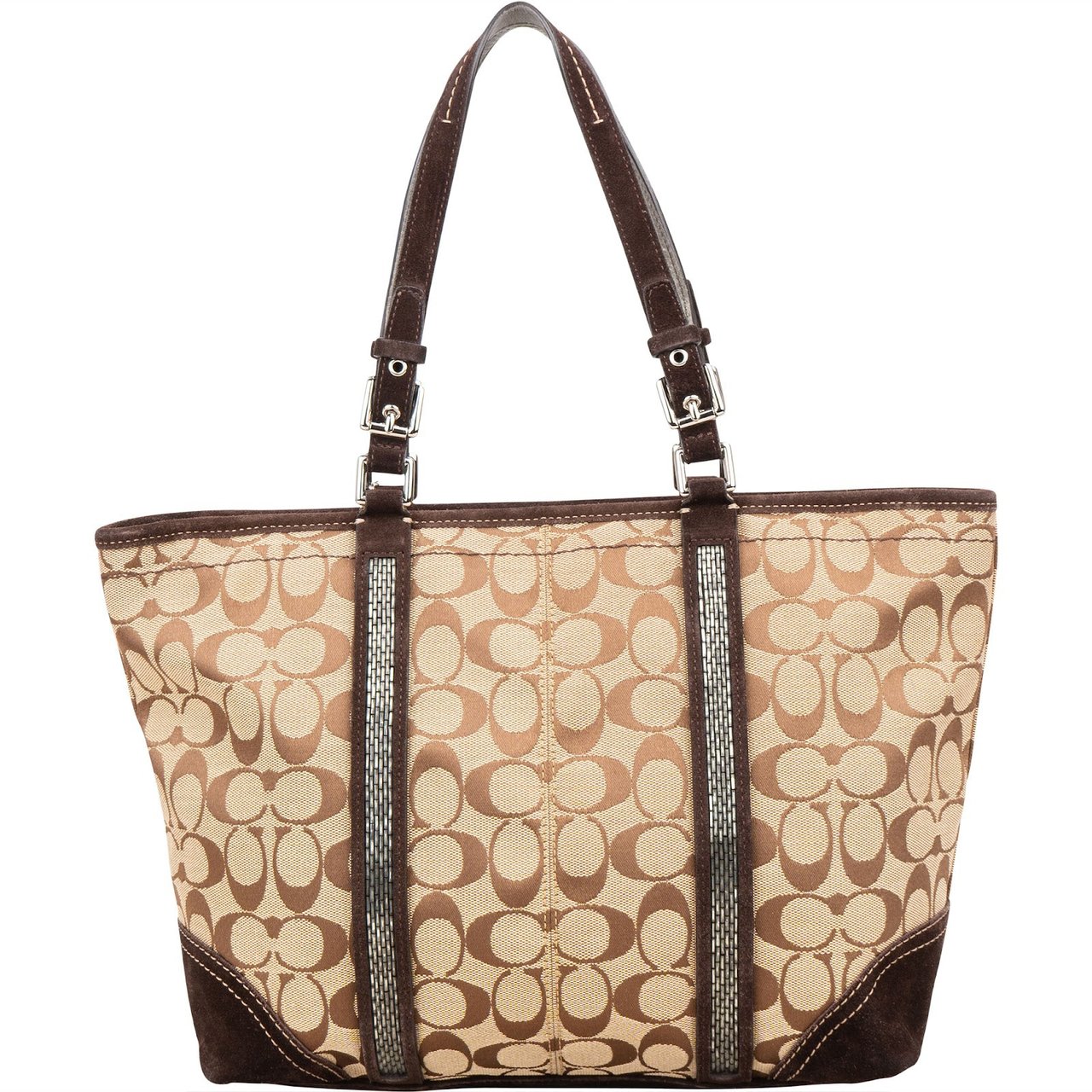 Coach Monogram Signature Gallery Suede Stripe Tote Shoulder Bag Bruin
