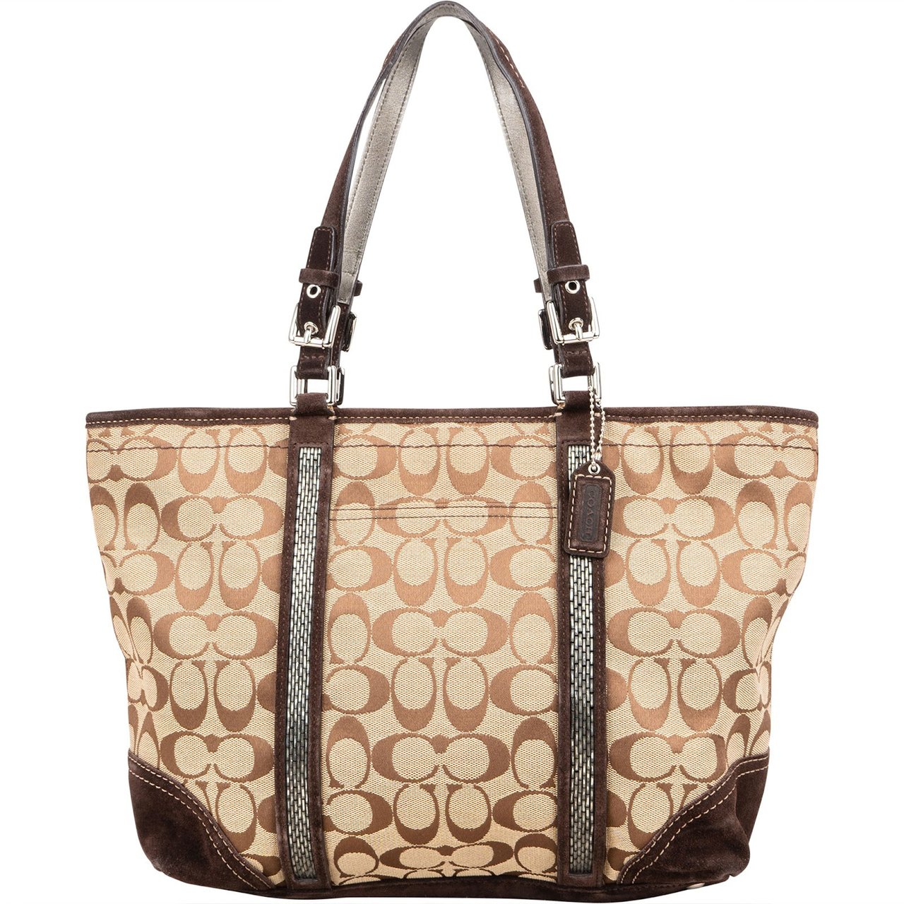 Coach Monogram Signature Gallery Suede Stripe Tote Shoulder Bag Bruin