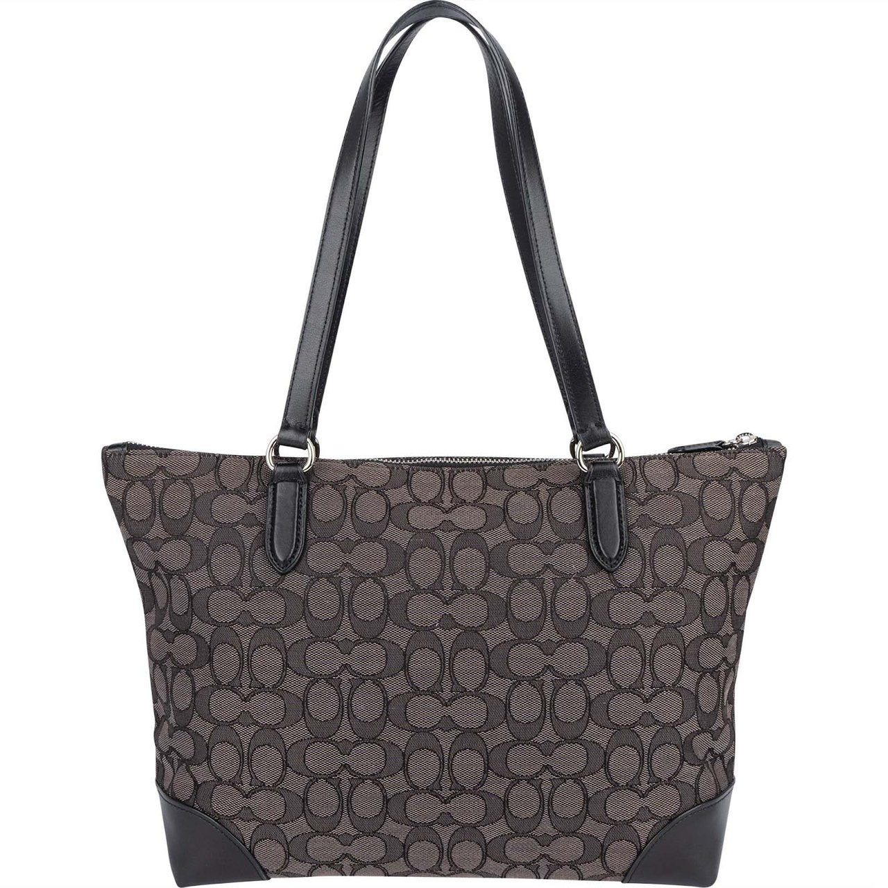 Coach Coach Black Leather Monogram Signature Zip Tote Shoulder Bag Zwart