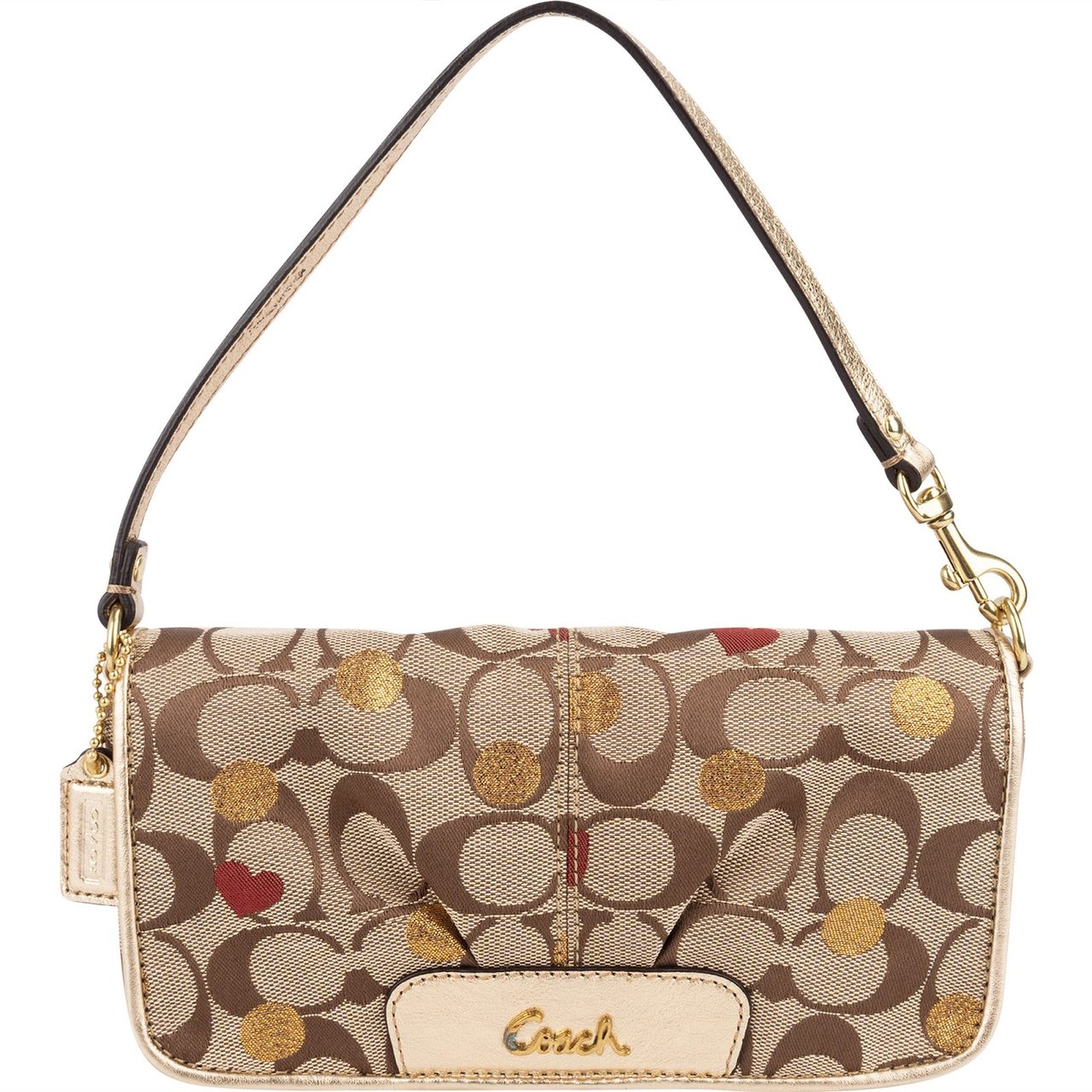 Coach Coach Monogram Signature Metallic Leather Heart Dot Pochette Handbag Beige