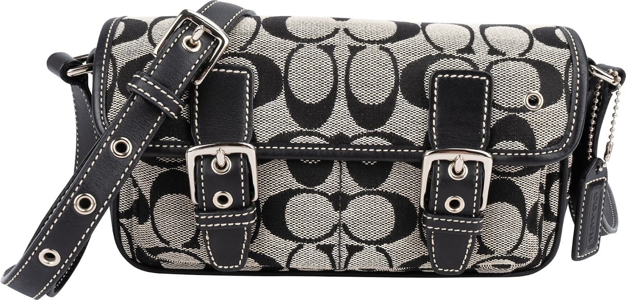 Coach Monogram Signature Double Buckle Flap Mini Crossbody Bag Zwart