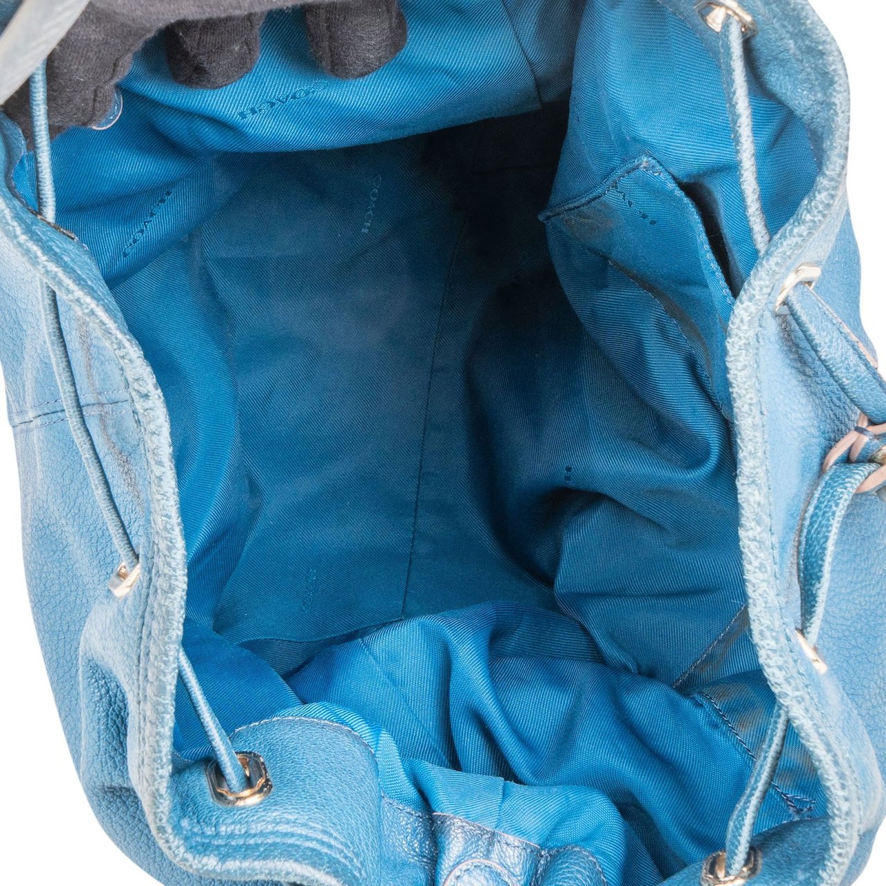 Coach Pebbled Leather Drawstring Duffle Bucket Crossbody Bag Blauw