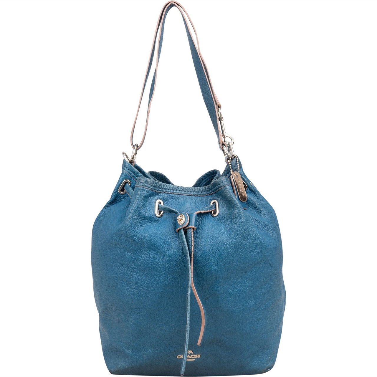 Coach Pebbled Leather Drawstring Duffle Bucket Crossbody Bag Blauw