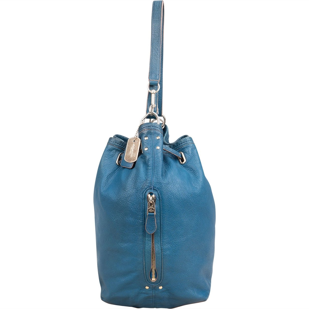 Coach Pebbled Leather Drawstring Duffle Bucket Crossbody Bag Blauw