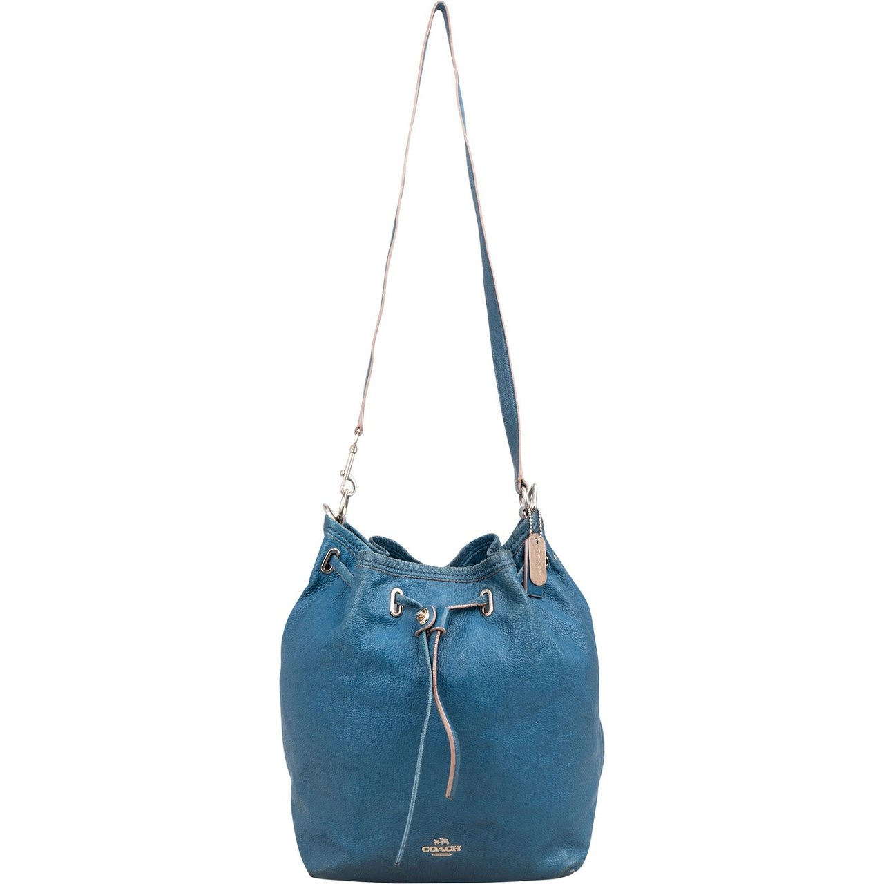 Coach Pebbled Leather Drawstring Duffle Bucket Crossbody Bag Blauw