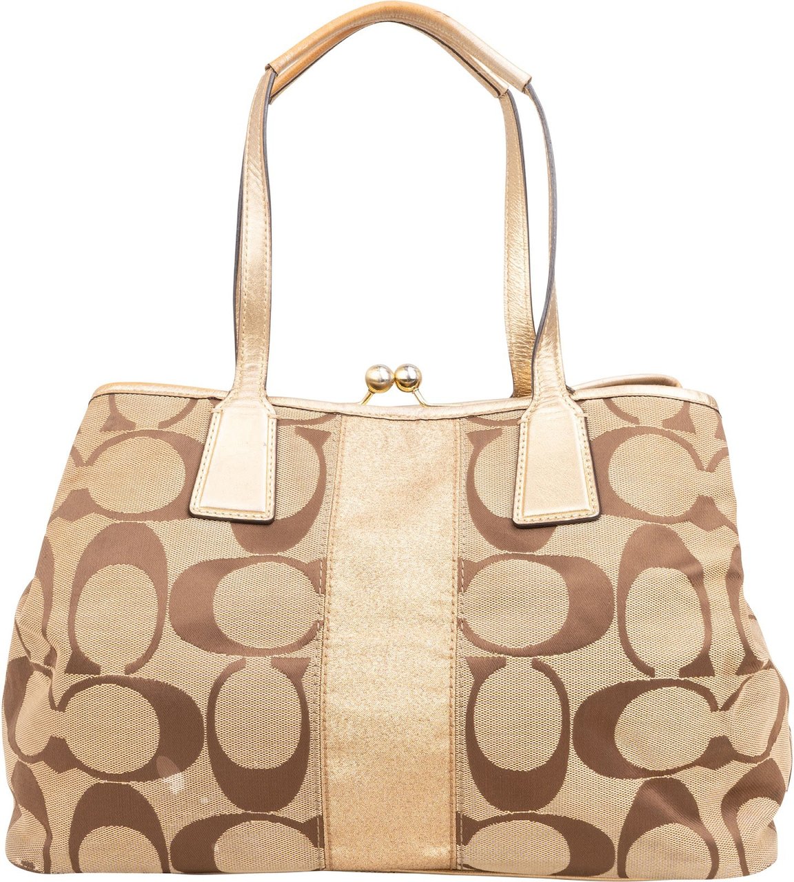 Coach Coach Monogram Signature Stripe Frame Carryall Handbag Beige