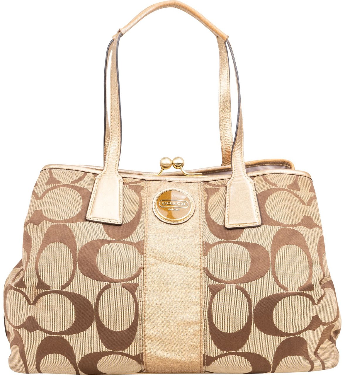 Coach Coach Monogram Signature Stripe Frame Carryall Handbag Beige