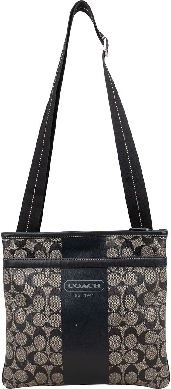 Coach Monogram Signature Stripe Tote Shoulder Bag Zwart