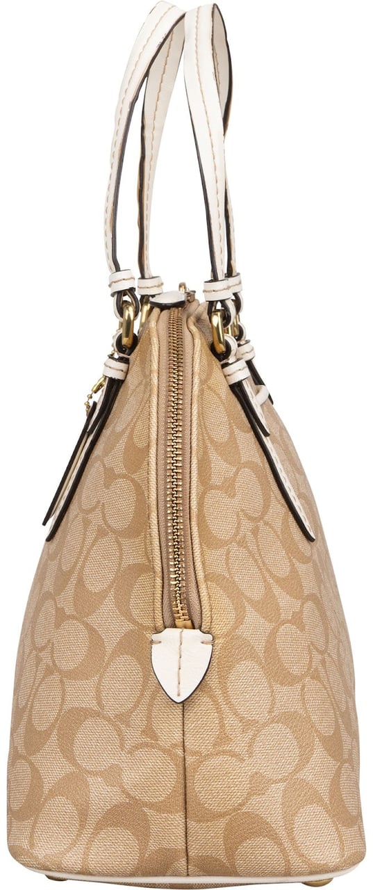 Coach Monogram Signature Coated Canvas Cora Satchel Handbag Beige