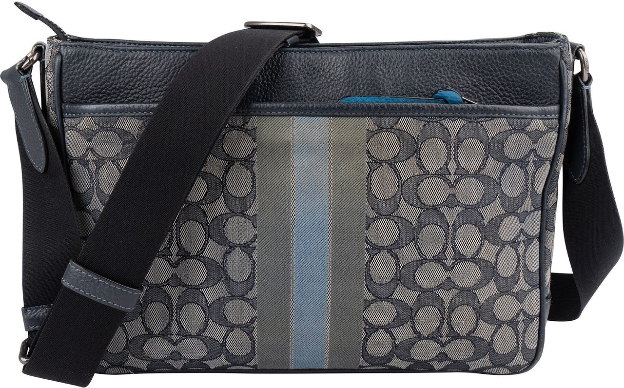Coach Coach Monogram Signature Mens Thompson Varsity Stripe Crossbody Bag Blauw