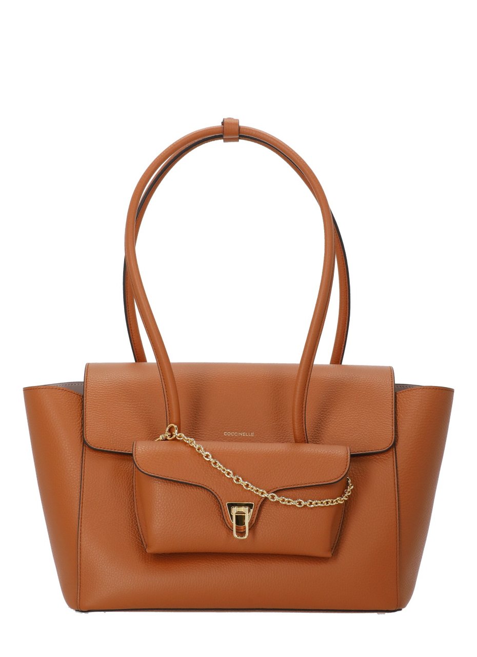 Coccinelle Structured Pebbled Leather Shoulder Bag With Gold Hardware Bruin
