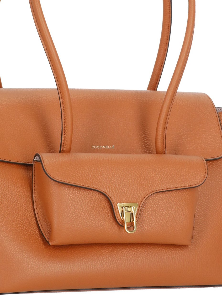 Coccinelle Structured Pebbled Leather Shoulder Bag With Gold Hardware Bruin