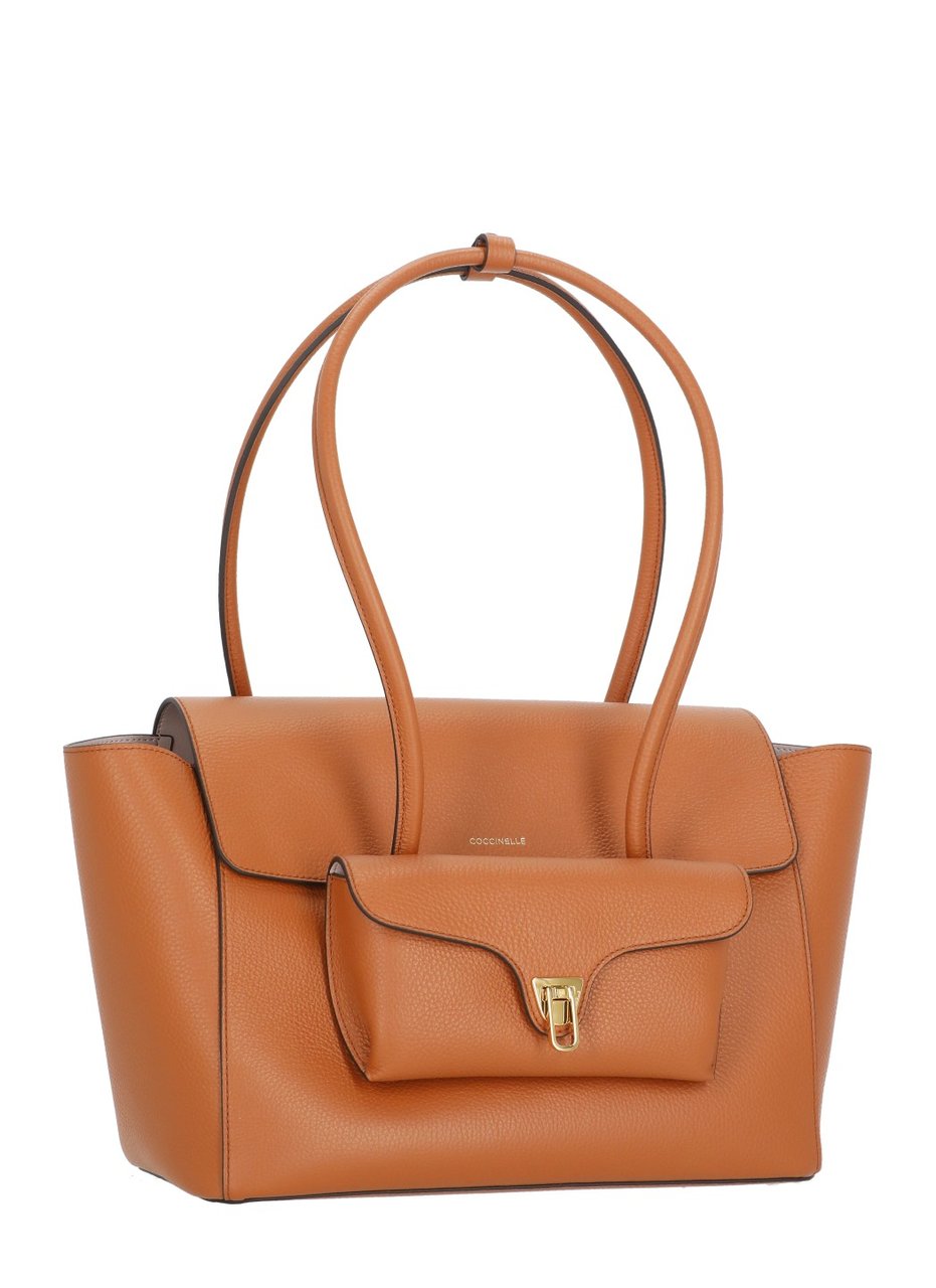 Coccinelle Structured Pebbled Leather Shoulder Bag With Gold Hardware Bruin