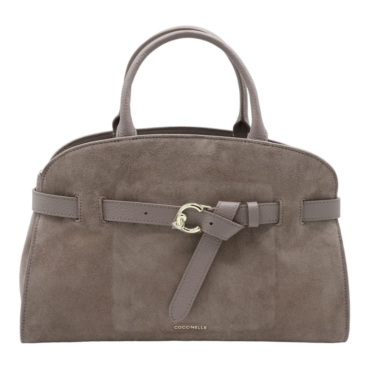 Coccinelle Structured Taupe Suede Handbag with Belt Detail Grijs