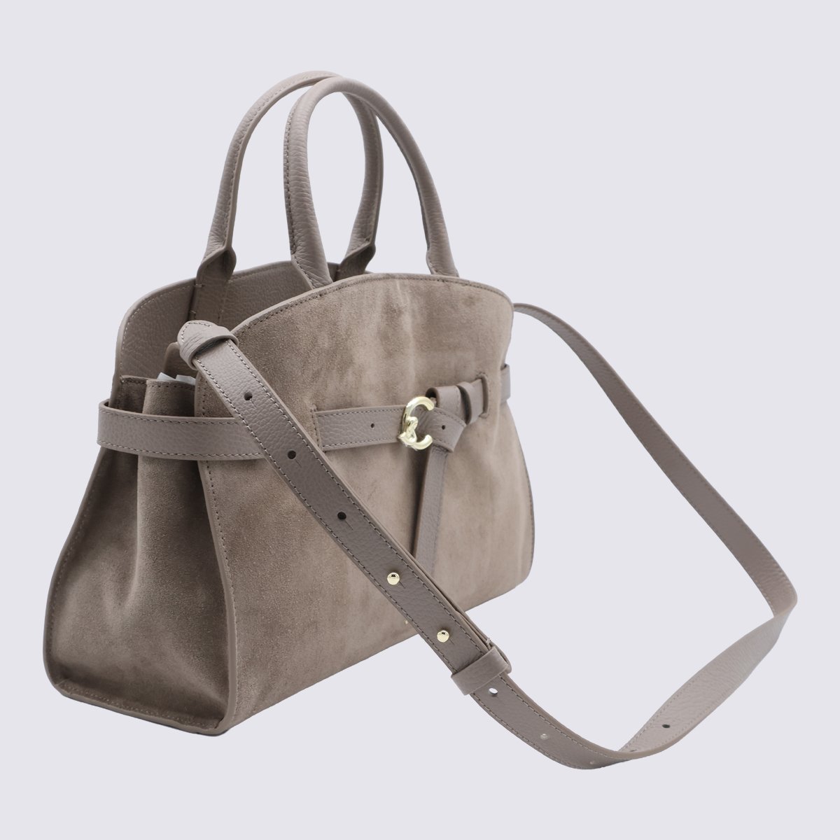 Coccinelle Structured Taupe Suede Handbag with Belt Detail Grijs