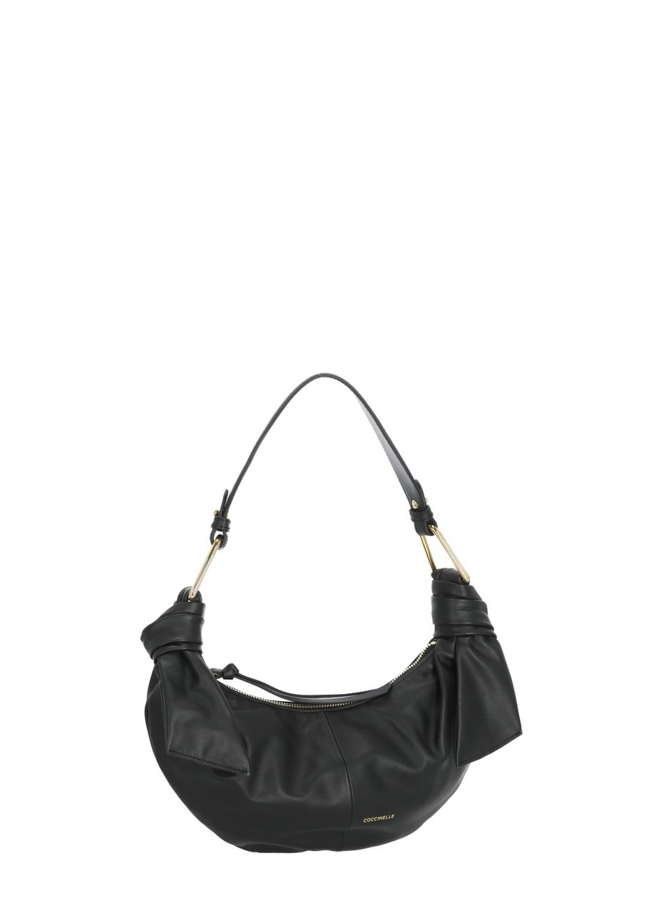 Coccinelle Crescent-Shaped Leather Shoulder Bag With Gold Accents Zwart