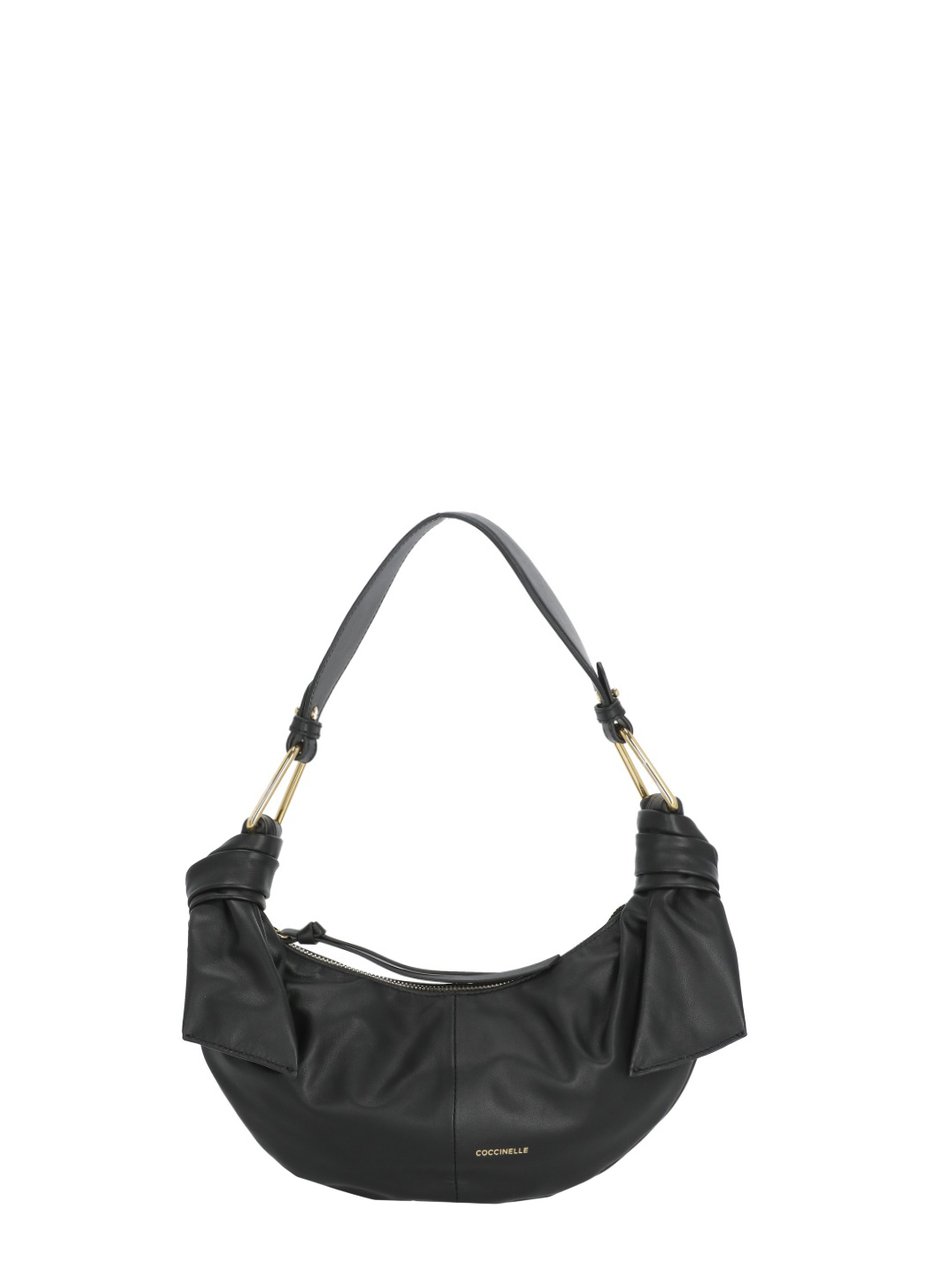 Coccinelle Crescent-Shaped Leather Shoulder Bag With Gold Accents Zwart