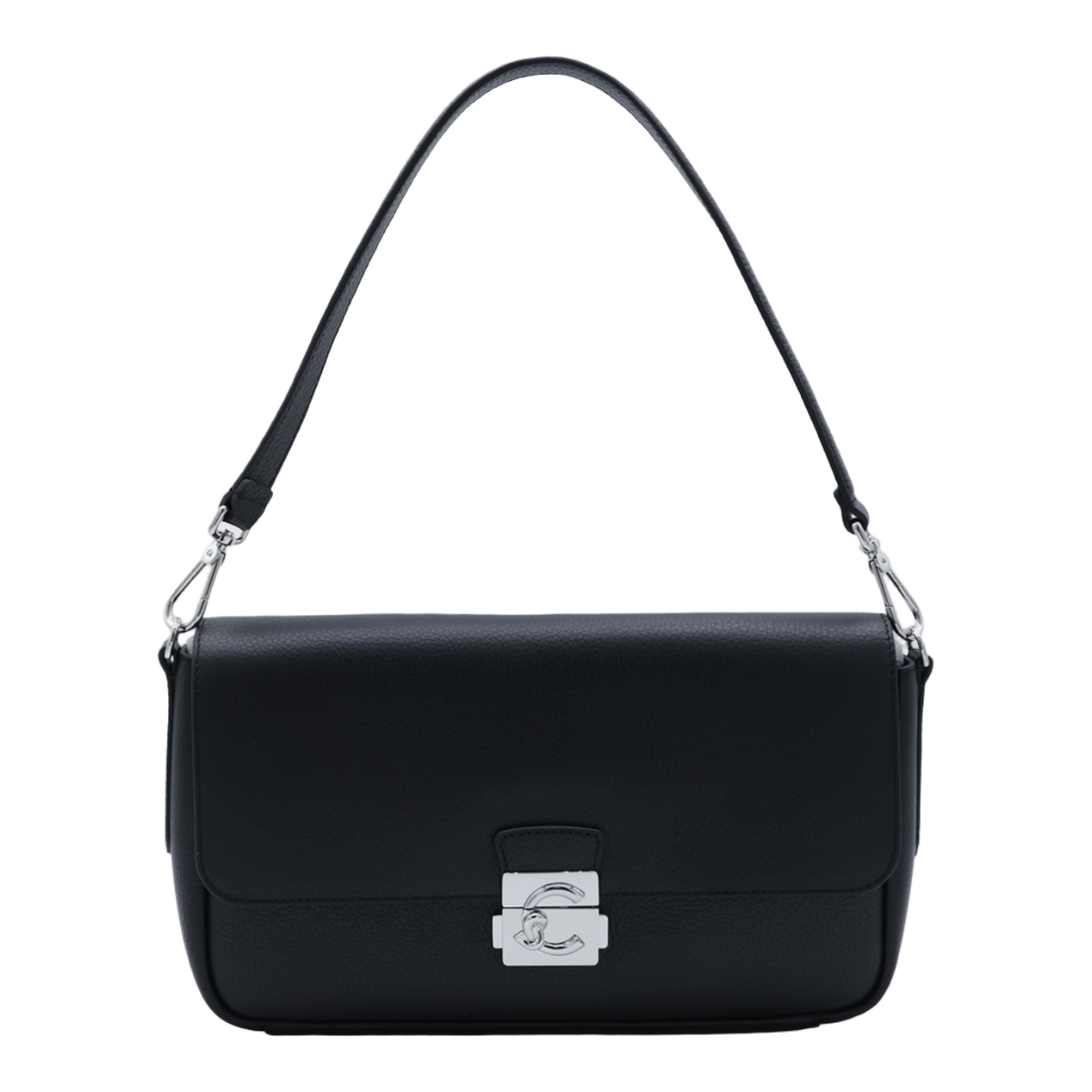 Coccinelle Rectangular Black Leather Shoulder Bag with Silver-tone Clasp Zwart