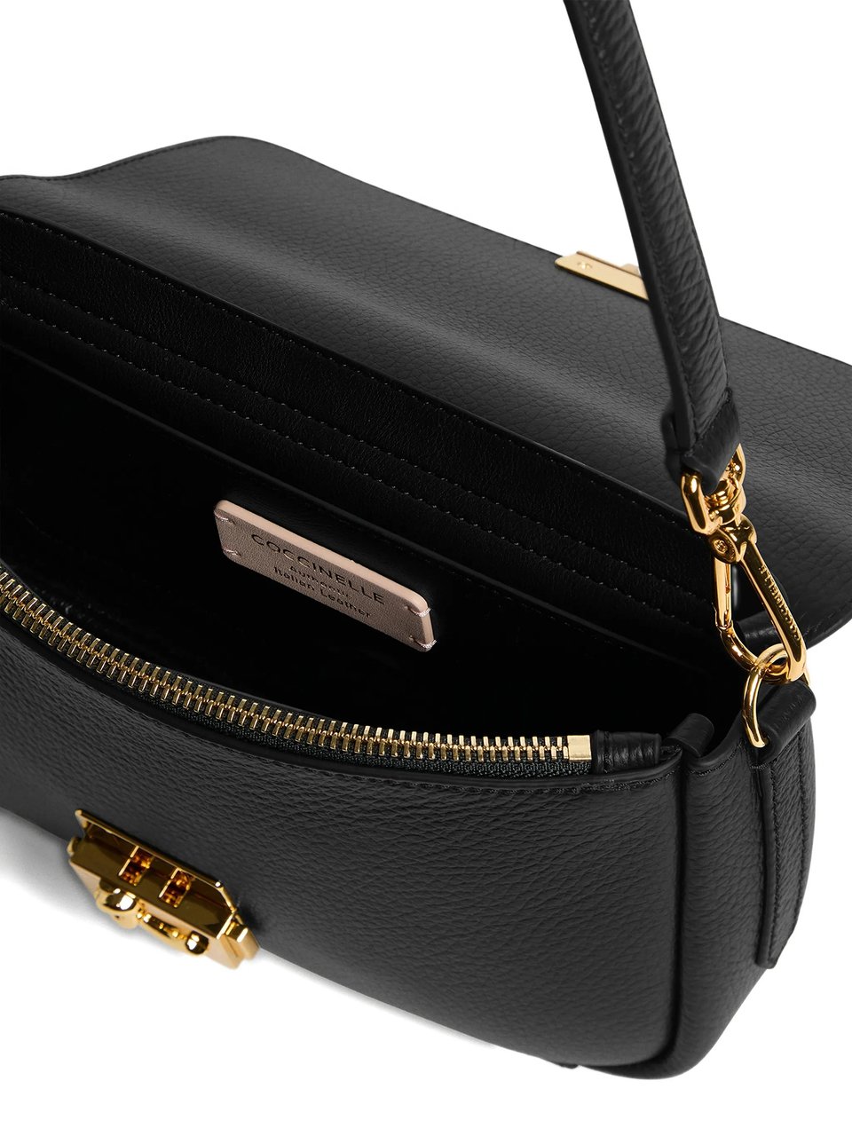 Coccinelle Pebbled Leather Shoulder Bag with Gold Lock Closure Zwart
