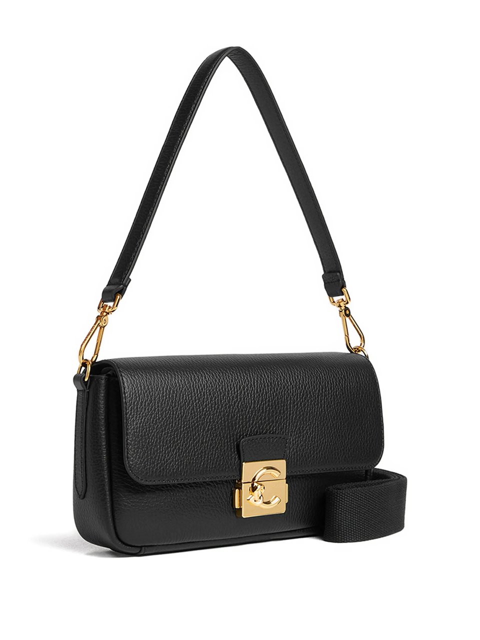 Coccinelle Pebbled Leather Shoulder Bag with Gold Lock Closure Zwart
